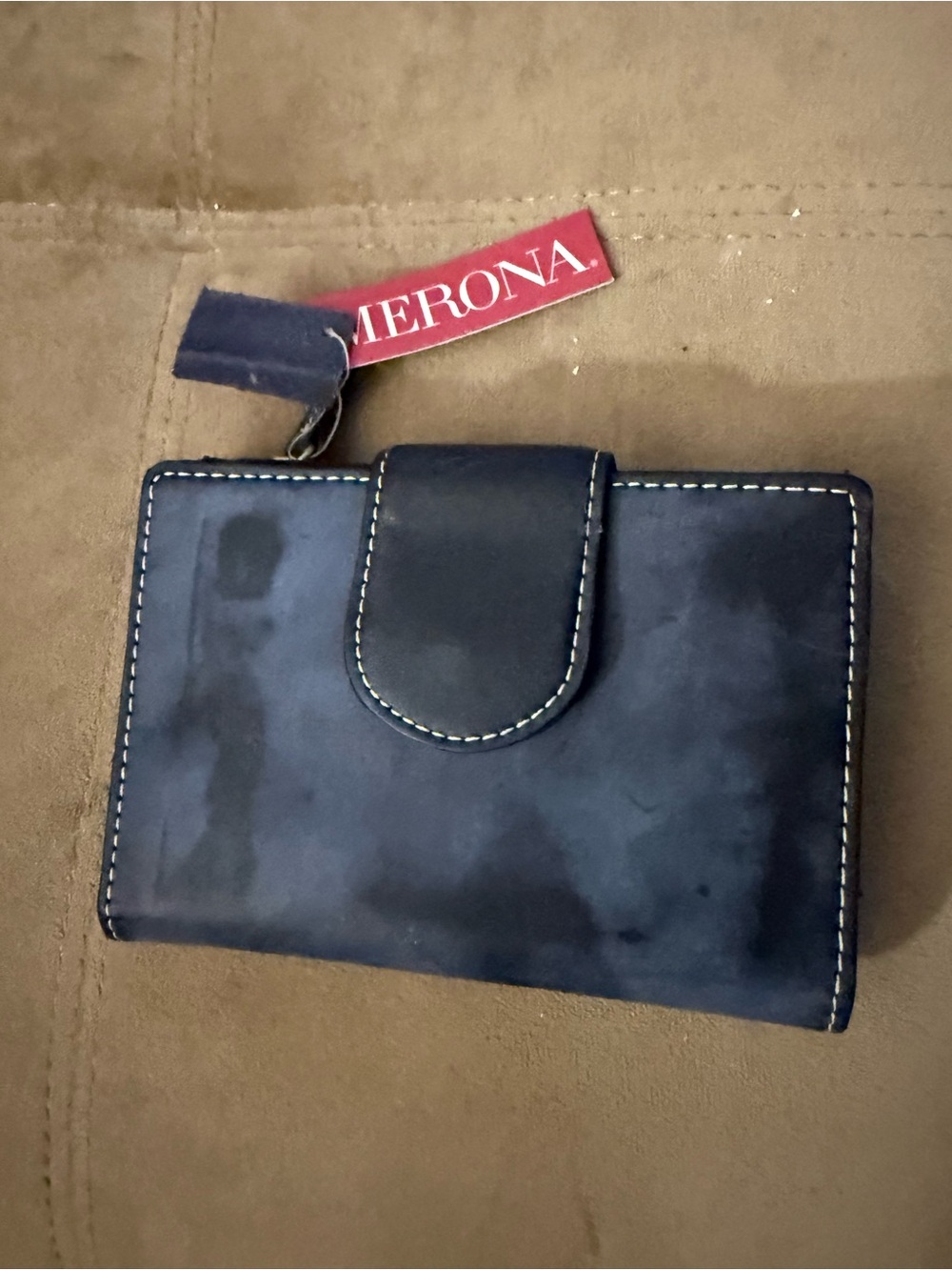 Merona Men's Dark Blue Leather Bifold Wallet with Contrast Stitching